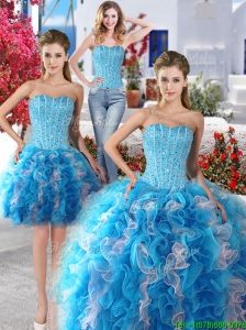 Exquisite Baby Blue and White Detachable Sweet 16 Dresses with Beading and Ruffles