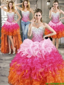 Inexpensive Rainbow Organza Detachable Quinceanera Dresses with Beading and Ruffles