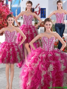 Wonderful Big Puffy Beaded and Ruffled Detachable Quinceanera Dresses in Organza