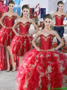 Wonderful Red and Champagne Organza Detachable Quinceanera Dresses with Appliques and Ruffles