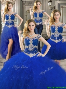 Gorgeous Off the Shoulder Royal Blue Detachable Quinceanera Dresses with Beading and Ruffles