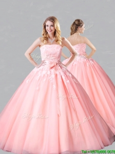 Classical Court Train Belted and Applique Sweet 16 Quinceanera  Dress in Baby Pink