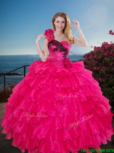 Fashionable One Shoulder Sweet 16 Gown with Ruffled Layers and Handmade Flowers
