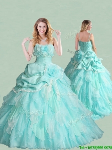 2016 Popular Spaghetti Straps Brush Train Quinceanera Dress with Handcrafted Flowers and Bubbles