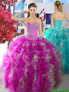 Cheap Fuchsia and White Organza Sweet 16 Dress with Beading and Ruffles