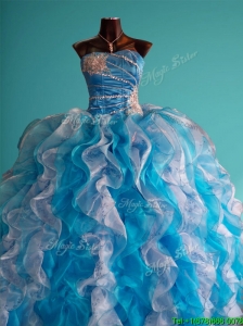 Discount Beaded and Ruffled Big Puffy Sweet 16 Dress in White and Blue