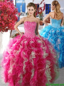 Romantic Rose Pink and White Organza Quinceanera Dress with Beading and Ruffles