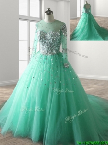 See Through Scoop Long Sleeves Beading Sweet 16 Dress with Brush Train