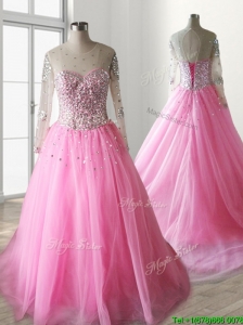 See Through Scoop Long Sleeves Quinceanera Dress with Beading