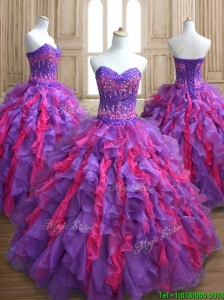 Cheap Applique and Ruffled Quinceanera Dress in Purple and Hot Pink
