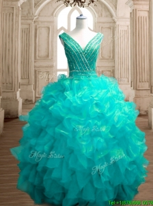 Fashionable Deep V Neckline Sweet 16 Dress with Beading and Ruffles