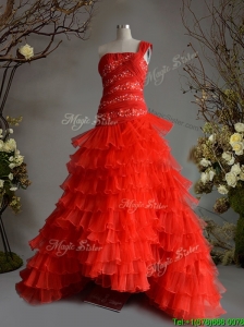 Fashionable One Shoulder A Line Red Quinceanera Dress with Beading and Ruffled Layers