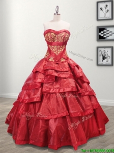 Most Popular Taffeta Red Quinceanera Dress with Appliques and Ruffled Layers