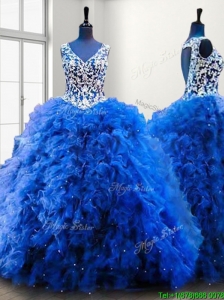 Popular V Neck Beading and Ruffles Sweet 16 Dress in Royal Blue