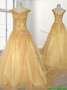 See Through Scoop A Line Beading Quinceanera Gown with Brush Train