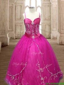 Exquisite Spaghetti Straps Beaded and Applique Quinceanera Dress in Hot Pink