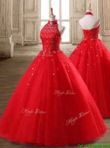 Fashionable Halter Top Beaded Tulle Quinceanera Dress in Red