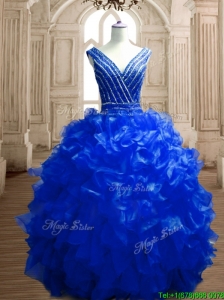 Modest Beaded and Ruffled Deep V Neckline Quinceanera Dress in Royal Blue