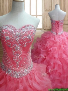 New Style Beaded and Ruffled Quinceanera Dress in Watermelon