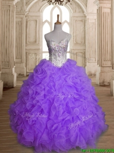 Fashionable Big Puffy Beading and Ruffles Quinceanera Dress in Purple