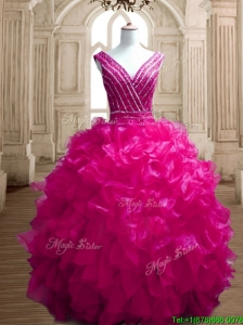 Gorgeous Deep V Neckline Beading and Ruffles Quinceanera Dress in Fuchsia