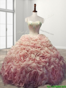 Beautiful Rolling Flowers Baby Pink Sweet 16 Dress with Beading