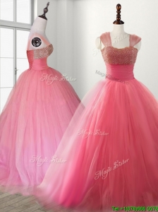 Cheap Straps Beading Brush Train Quinceanera Dress in Watermelon Red