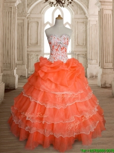 Exquisite Orange Red Big Puffy Quinceanera Dress with Ruffled Layers and Beading
