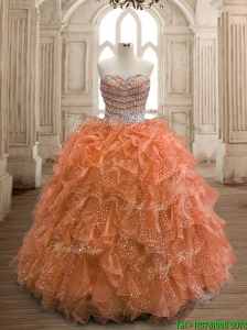 Exquisite Rust Red Organza Quinceanera Dress with Beading and Ruffles