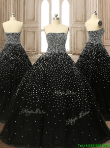 Latest Strapless Beading Black Quinceanera Dress with Brush Train