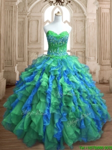 Most Popular Applique and Ruffled Quinceanera Dress in Green and Blue