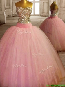 New Style Beaded Bodice Baby Pink Sweet 16 Dress in Tulle