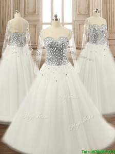See Through Scoop Long Sleeves White Quinceanera Dress with Beading