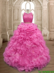 Two Piece Scoop Beaded and Ruffles Quinceanera Dress in Organza