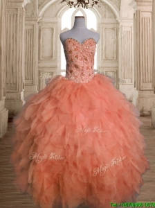 Unique Big Puffy Orange Red Quinceanera Dress with Beading and Ruffles