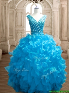 Wonderful Deep V Neckline Beading and Ruffles Sweet 16 Dress in Organza