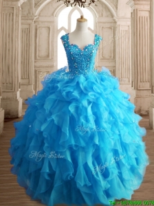 Cheap Straps Beading and Ruffles Quinceanera Dress in Aqua Blue