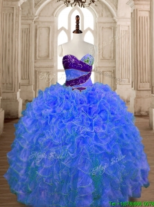 Hot Sale Beaded and Ruffled Organza Quinceanera Dress in Blue