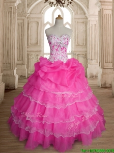 Inexpensive Hot Pink Organza Quinceanera Dress with Ruffled Layers and Beading