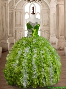 Lovely Olive Green and White Quinceanera Dress with Beading and Ruffles