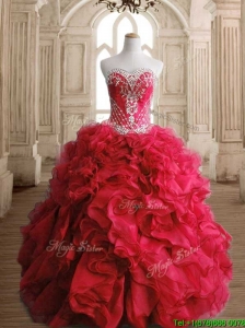 Luxurious Red Big Puffy Sweet 16 Dress with Beading and Ruffles