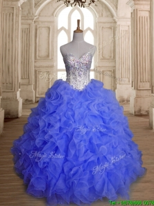 Perfect Blue Organza Quinceanera Dress with Beading and Ruffles
