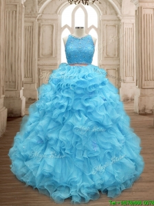 Two Piece Scoop Beaded and Ruffles Quinceanera Dress in Baby Blue