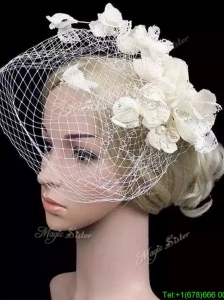 Fashionable White Headpieces with Hand Made Flowers and Net Yarn Bridal Hat