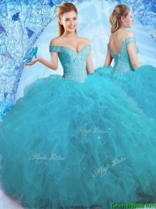 2017 Cheap Beaded Off the Shoulder Teal Quinceanera Dress in Tulle