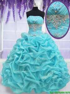 2017 Top Seller Strapless Aquamarine Quinceanera Dress with Beading and Pick Ups