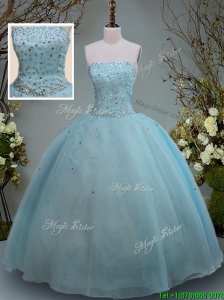 Discount Big Puffy Aquamarine Strapless Quinceanera Gown with Beading