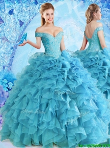 Elegant Beaded and Ruffled Quinceanera Dress in Baby Blue