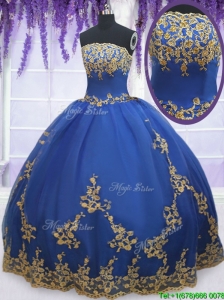Low Price Strapless Zipper Up Blue Quinceanera Gown with Gold Appliques