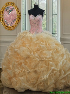 Luxurious Beaded Brush Train Champagne Quinceanera Dress in Rolling Flowers